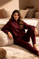 Vivisence Damen Leggings Und Hoodie Set Baumwollmix Mit Stretch Für Alltag, weinrot