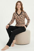 Vivisence Women Pajama Set Modal Cotton Lace V Neck With Pockets Cozy Sleep, Black