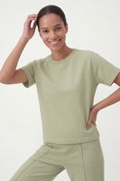 Vivisence Damen T-Shirt Kurzarm Rundhals Elastischer Baumwolle Bequem, olivfarben