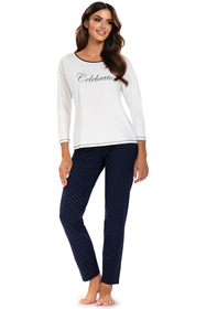 Vivisence pyjama deux pièces t-shirt à manches longues et pantalon 2029, écru/bleu foncé