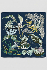 Vivisence Women Silk Scarf Floral Design 90 x 90 cm Hand Rolled Edges For Versatile Styling, navy blue/green