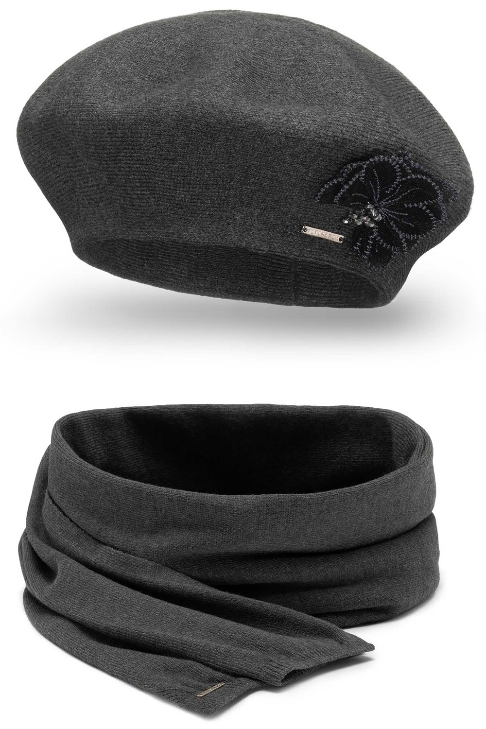 Vivisence Ensemble Béret Et Écharpe Pour Femme Automne et Hiver En Laine  Style Classique Élégant Avec Application Florale Idéal Pour Les Froides Journées Cadeau Parfait 7036Kmpl, gris foncé