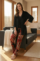 Vivisence Femme Pyjama Trois Pieces Viscose Elastique Confort Maison Nuit, noir
