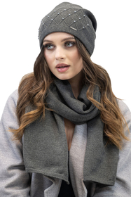 Vivisence Damen Mütze Strick Warm Winter Perlen Elegant Wolle Fleece Falten 7002, dunkelgrau