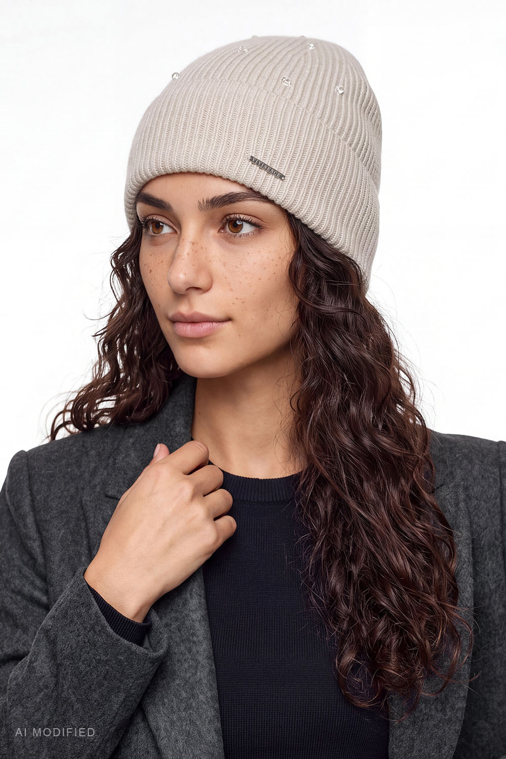 Vivisence bonnet femme maille mérinos cachemire hiver élégant, beige