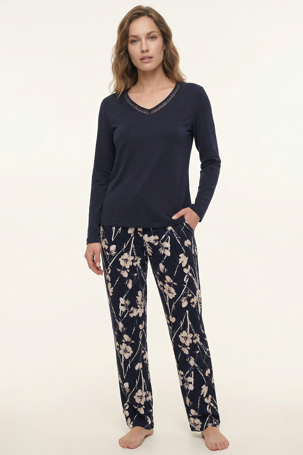 Vivisence Women’s Pyjama Set, Long Sleeve V Neck Top and Full Length Printed Trousers, Modal Cotton Nightwear with Pockets, navy blue