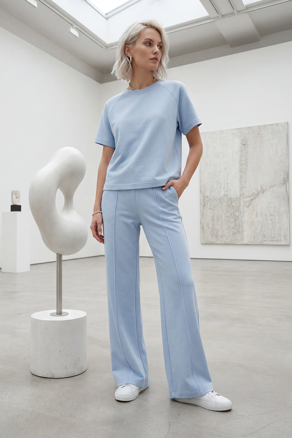 Vivisence Damen Hausanzug Zweiteiler Weiche Elastische Jersey Komfort Für Alltag, himmelblau