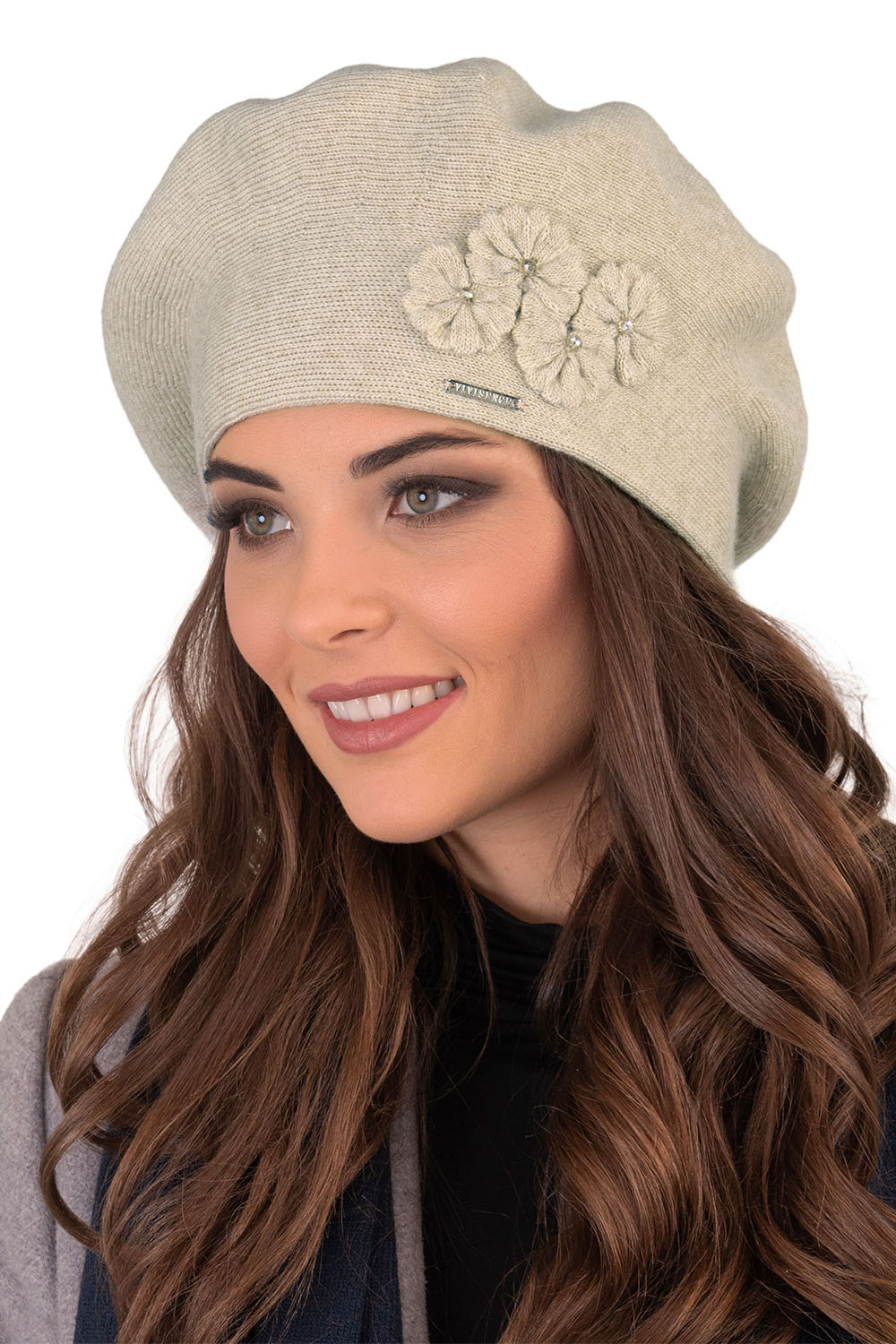 Vivisence Elegant Women's Winter Set Including Classic Beret With Floral Decoration And Matching Long Warm Wool Scarf Ideal For Cold Winter And Autumn Days, beige
