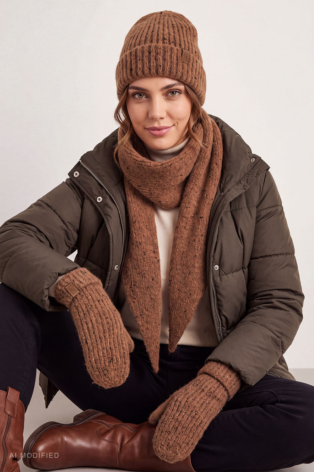 Vivisence ensemble hivernal femme bonnet écharpe gants chaud, brun