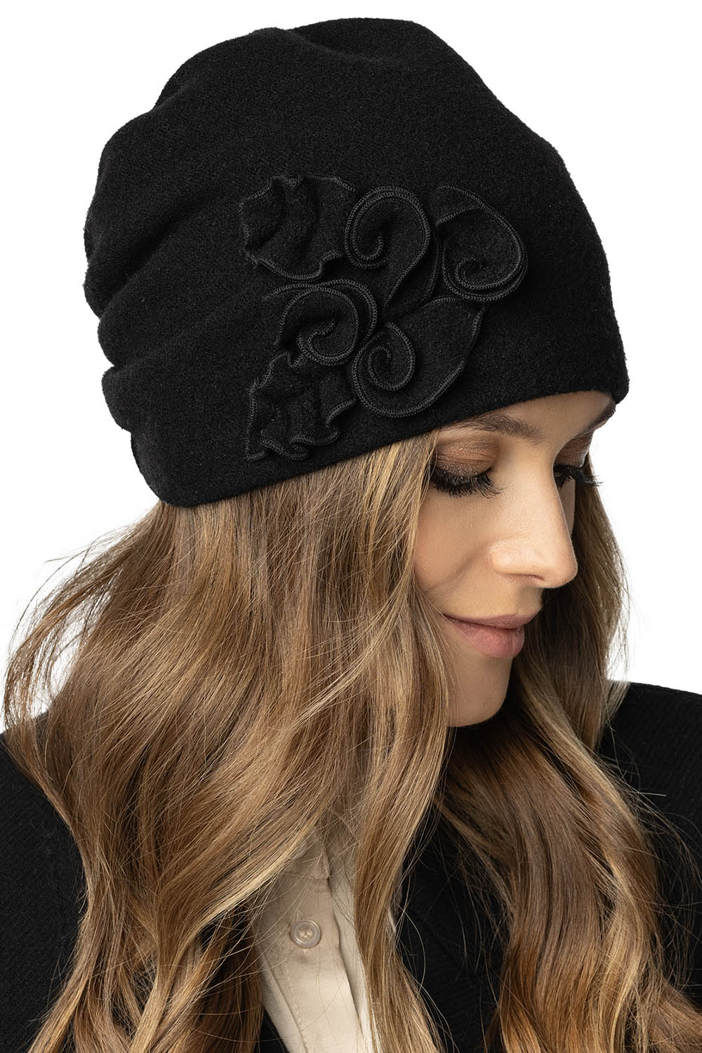 Vivisence Bonnet Femme Élégant En Laine Vierge Brodé Main Pour L’Hiver 7076, noir