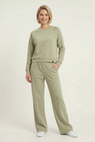 Vivisence Women’s Pull On Trousers, Soft Knit Smart Casual Trousers with Front Crease, Flared Leg and Side Pockets, olive
