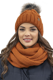 Vivisence Damen Winter Set Bommelmütze Loop Schal Handschuhe Warm Elegant, orange