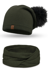 Vivisence Bonnet Pour Femme Et Cache Cou L'Automne et L'Hiver Avec Pompon Tricoté En Acrylique Ensemble Élégant  Écologique Idéal Avec Patch En Cuir Taille Universelle 70105Kmpl, vert