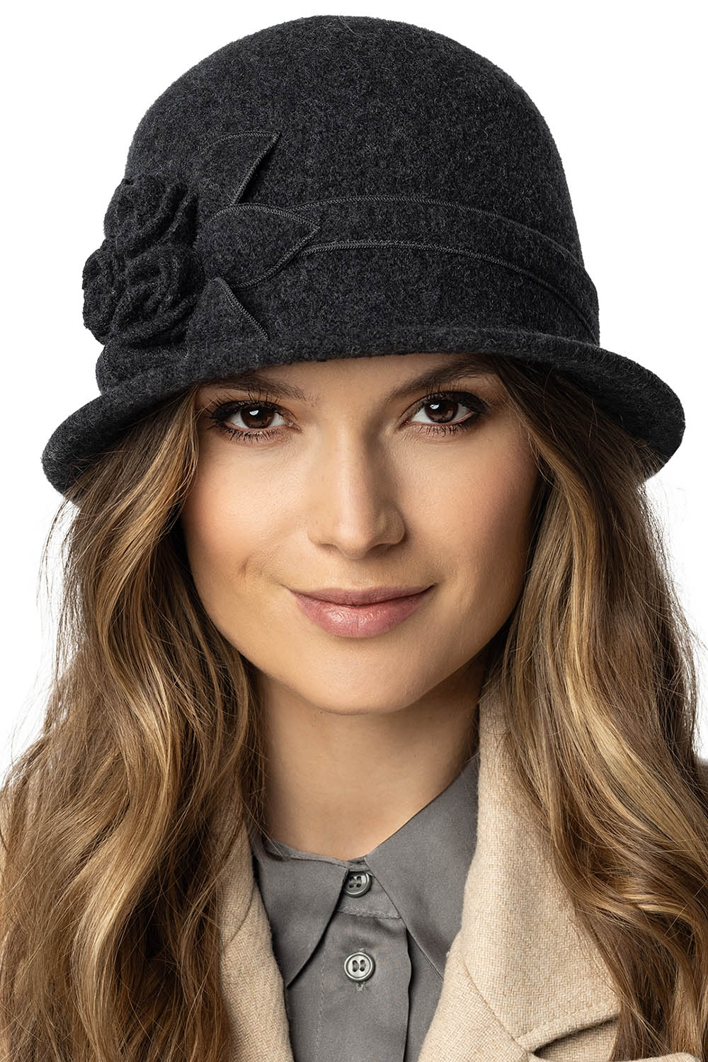 Vivisence Chapeau Femme l'Automne et l'Hiver Bonnet Élegant En Laine Vierge Fait À La Main Avec Broderie Unique Cadeau Parfait Confort Et Chaleur Assurés 7077, gris foncé