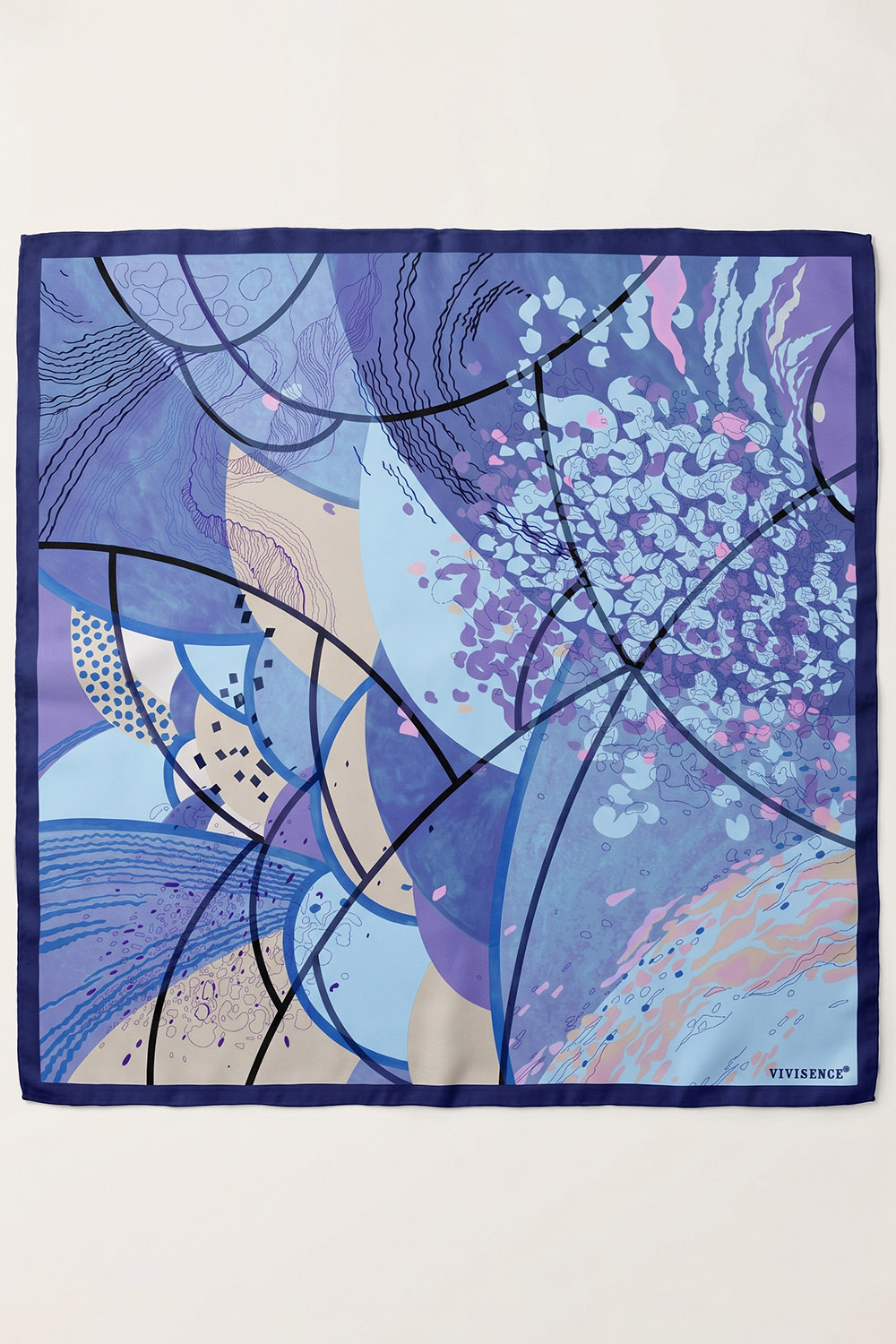 Vivisence Carré de Soie Femme 65 x 65 cm, Foulard en Soie Naturelle 14 Momme, Bords Roulottés à la Main, Bleu/Beige