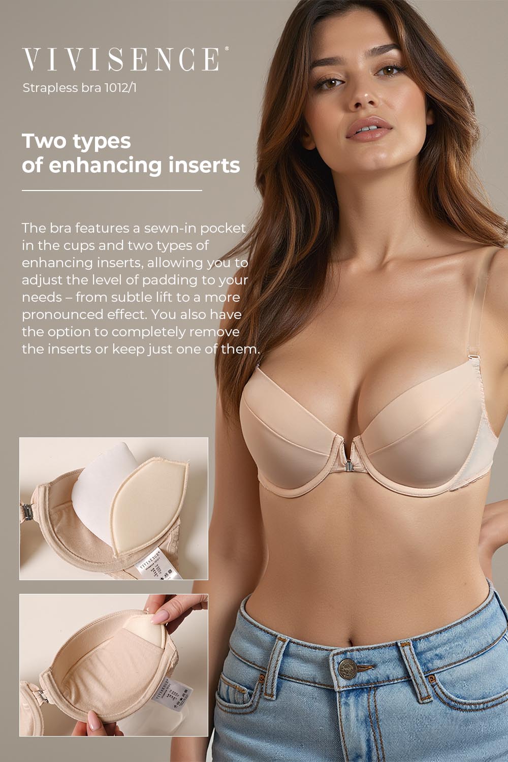 Vivisence Women's Clear Strap Bra Push Up Invisible Backless Clear Back Bra with Transparent Straps for Backless Dresses, beige