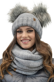 Vivisence Fashionable Women’s Winter Set Perfectly Fitted Hat with Dual Eco-Friendly Pom-Poms and Soft Anti-Static Fleece Lining Foldable Snood Scarf Ideal For Cold Weather, light grey
