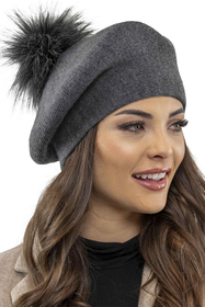 Vivisence Béret Et Écharpe Pour Femme L'automne et L'hiver Ensemble Élégant Fabriqué En Laine Chaude Avec Pompon De Fausse Fourrure Style Classique Idéal Pour Les Froids Jours Cadeau Parfait 7035Kmpl, gris foncé