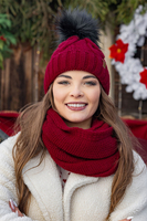 Vivisence Damen Winter Set Bommelmütze Loop Schal Handschuhe Warm Elegant, weinrot