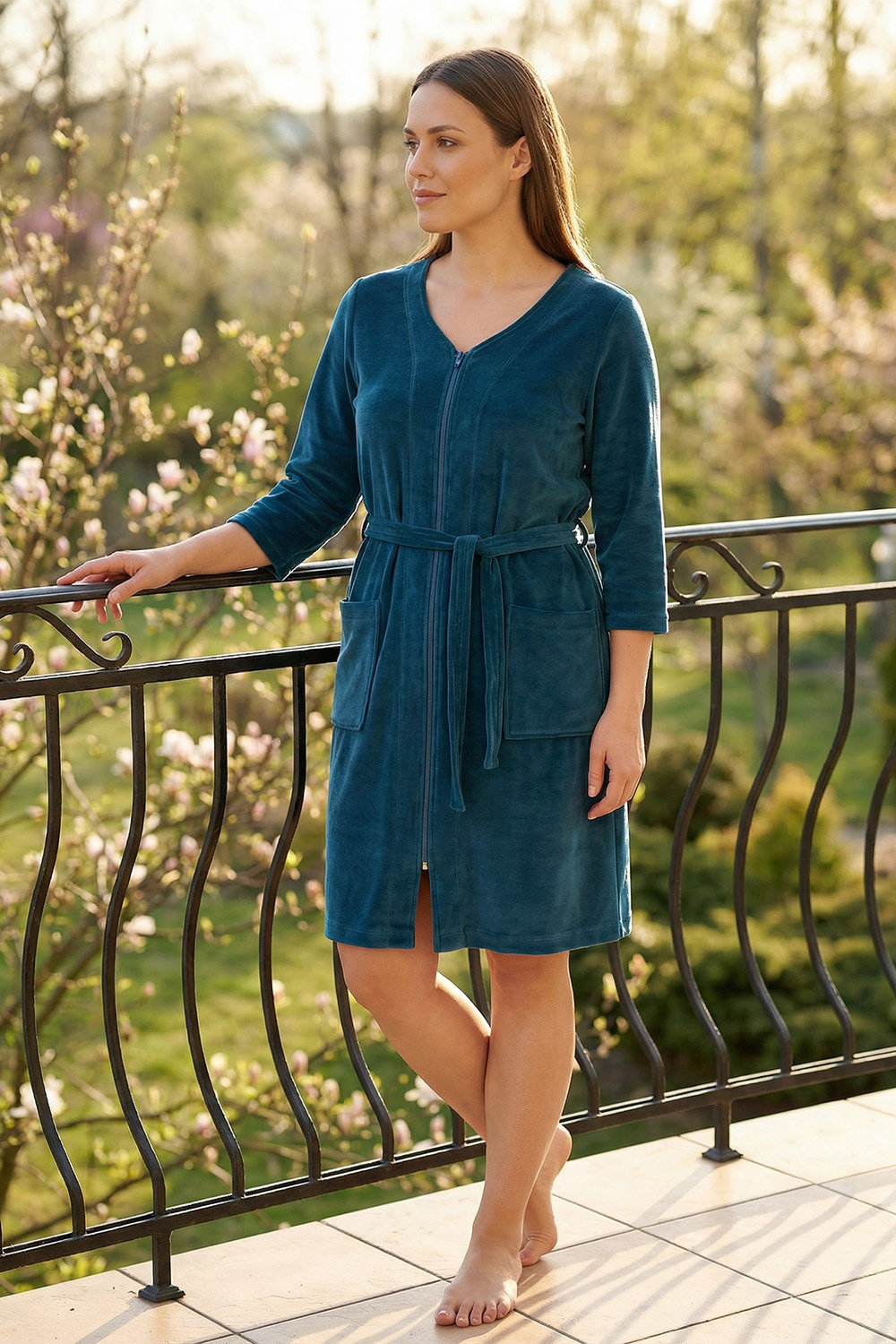 Vivisence Femme Robe de Chambre Coton Fermeture Éclair Confort à la Maison 5011, turquoise foncé