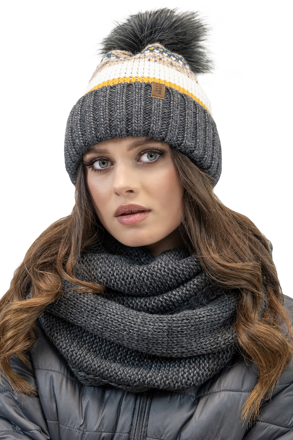 Vivisence Fashionable Women's Winter Set Perfectly Fitted Hat with Colorful Weave Pom-Pom Soft Anti-Static Fleece Lining and Foldable Snood Scarf, dark grey