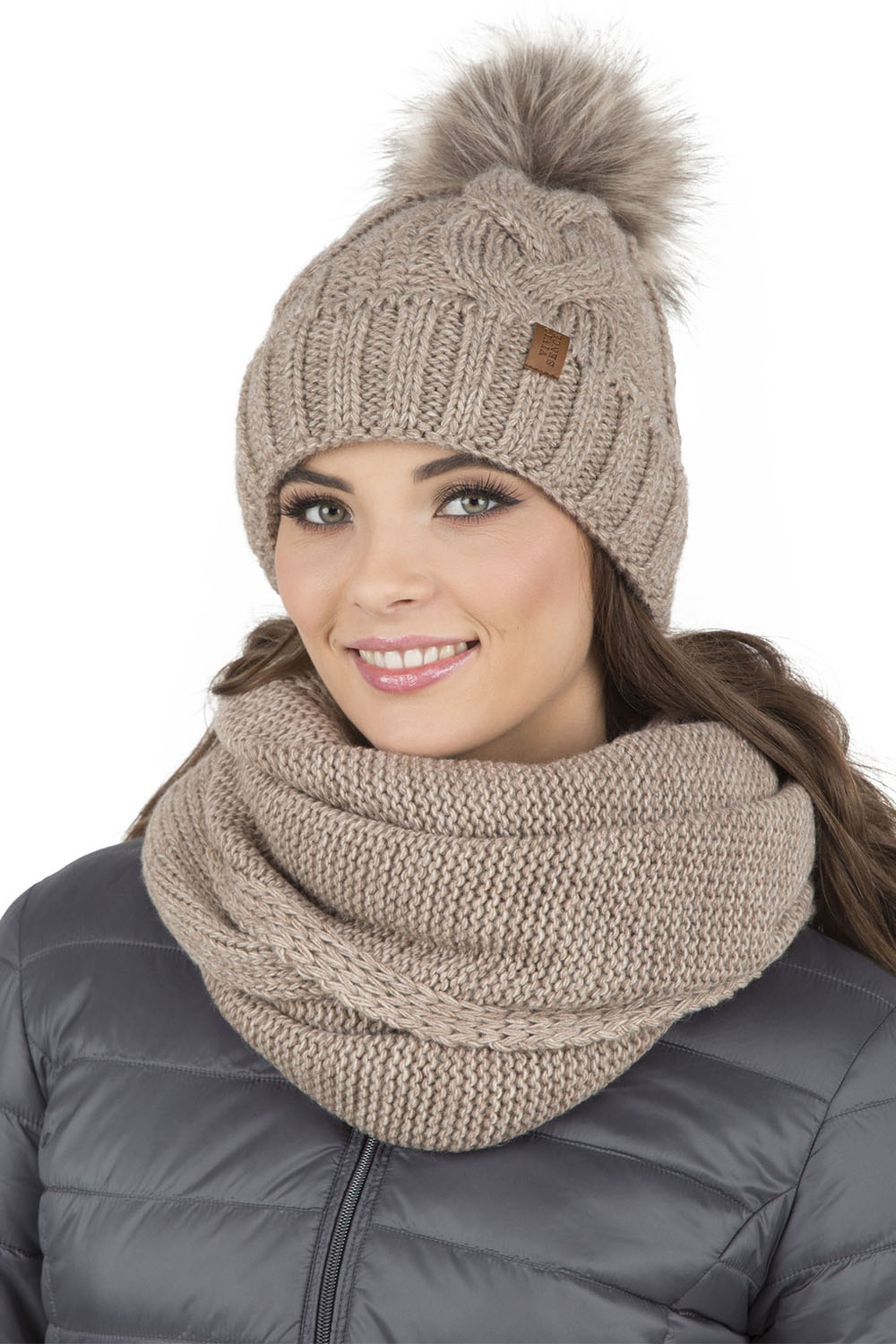 Vivisence Damen Bommelmütze Und Loop-Schal Mit Bommel Ideal Für Wintertage 7014, beige