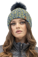 Vivisence Bonnet Pour Femme L'Automne et L'Hiver Bicolore Avec Gros Pompon En Fibres Écologiques Doublé De Polaire Antistatique Parfait Pour Les Froides Journées Avec Écusson En Éco-Cuir Et 7086, jaune