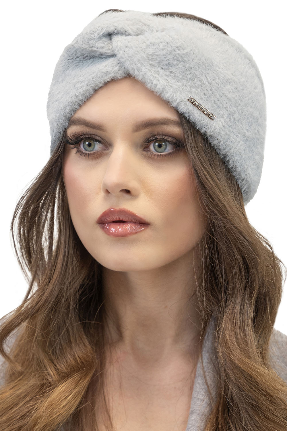Vivisence Fluffy Lined Twisted Headband For Women Warm Autumn Winter 7093, light grey