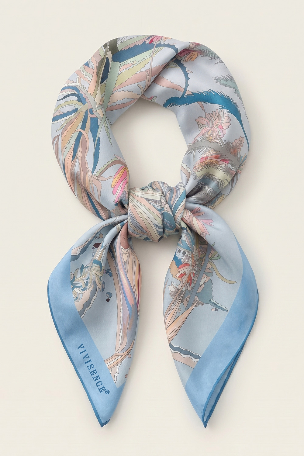 Vivisence Women Silk Scarf Silk Bandana Square Design Soft On Skin For Everyday, blue/beige