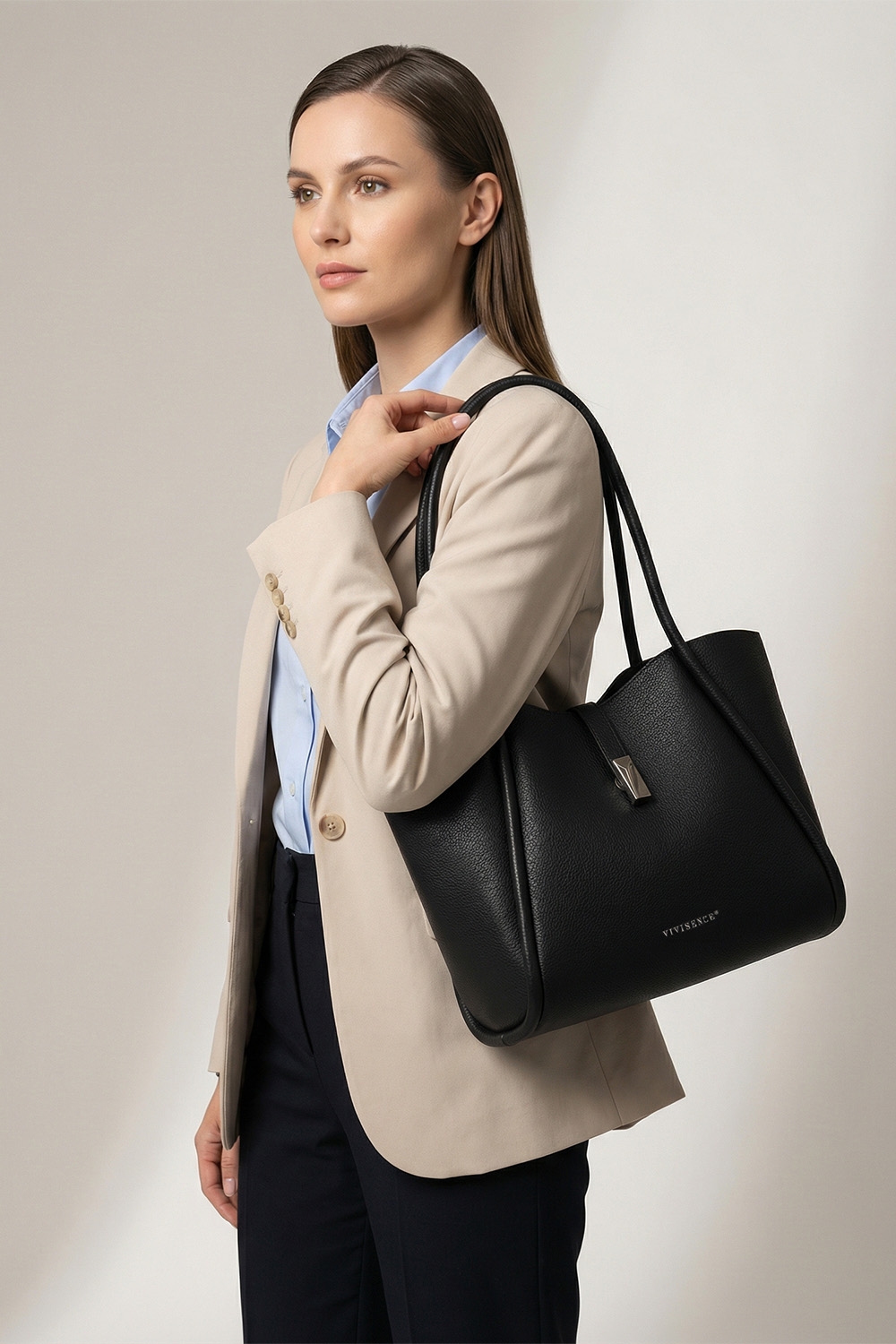 Vivisence Women’s Shoulder Bag, Structured Tote Handbag with Magnetic Flap, Everyday Faux Leather Shopper with Inner Pouch for Work, Office and Daily Use, black