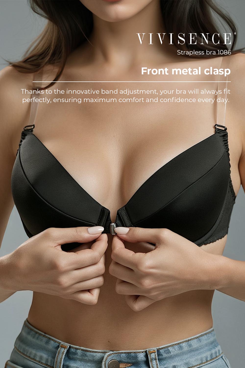 Vivisence Damen Push Up BH Rueckenfrei Mit Silikonband Abnehmbaren Traegern Komfortabler Halt Fuer Abendkleider Und Offene Ruecken, Schwarz