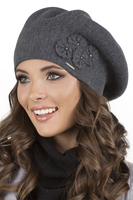 Vivisence Elegant Women's Winter Set Including Classic Beret With Floral Decoration And Matching Long Warm Wool Scarf Ideal For Cold Winter And Autumn Days, dark grey
