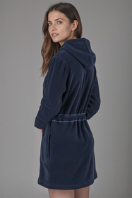 Vivisence Peignoir Femme Court Zippé Capuche Poches Doux Confort Maison 5012, bleu marine