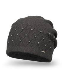 Vivisence Damen Mütze Strick Warm Winter Perlen Elegant Wolle Fleece Falten 7002, dunkelgrau