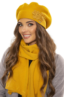 Vivisence Damen Baskenmütze Schal Set Wolle Blumenapplikation Warm Elegant 7007, honig