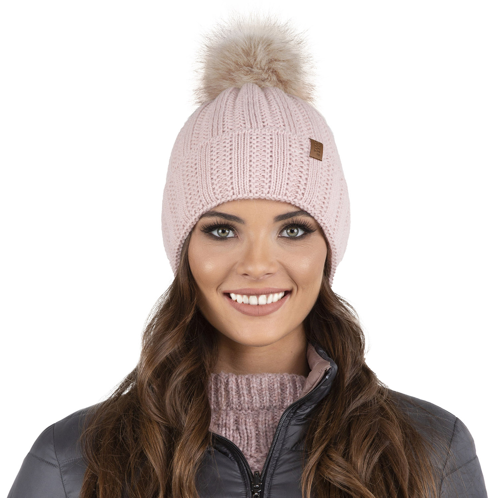 Vivisence Women's Pom Pom Hat Fleece Lined Faux Fur Pom Knitted 7019, light pink