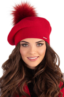 Vivisence Women Beret Wool Blend Faux Fur Pompom Elegant Warm Winter Hat 7035, red