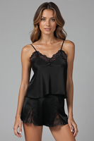 Vivisence Pyjama Femme Satin 2 Pièces Dentelle Bretelles Fines Confort Nuit 2037, noir