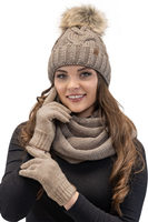 Vivisence Damen Winter Set Bommelmütze Loop Schal Handschuhe Warm Elegant, beige