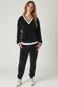 Vivisence Ensemble Survêtement Velours Col V Coupe Confort Idéal Quotidien 9201, noir