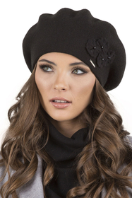 Vivisence Baskenmütze Damen Elegant Blume Warm Herbst Winter Accessoire 7006, schwarz