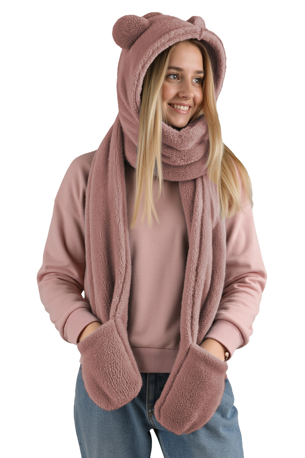 Vivisence Damen 3-In-1 Teddybär Kapuze Schal Und Fäustlinge One Size, puderrosa