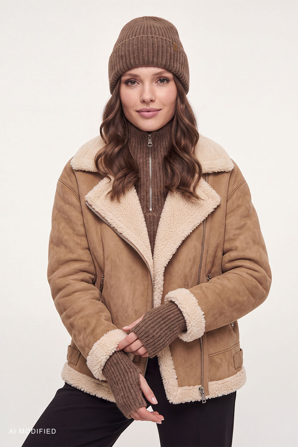Vivisence ensemble femme bonnet snood chauffe-mains tricot chaud, brun