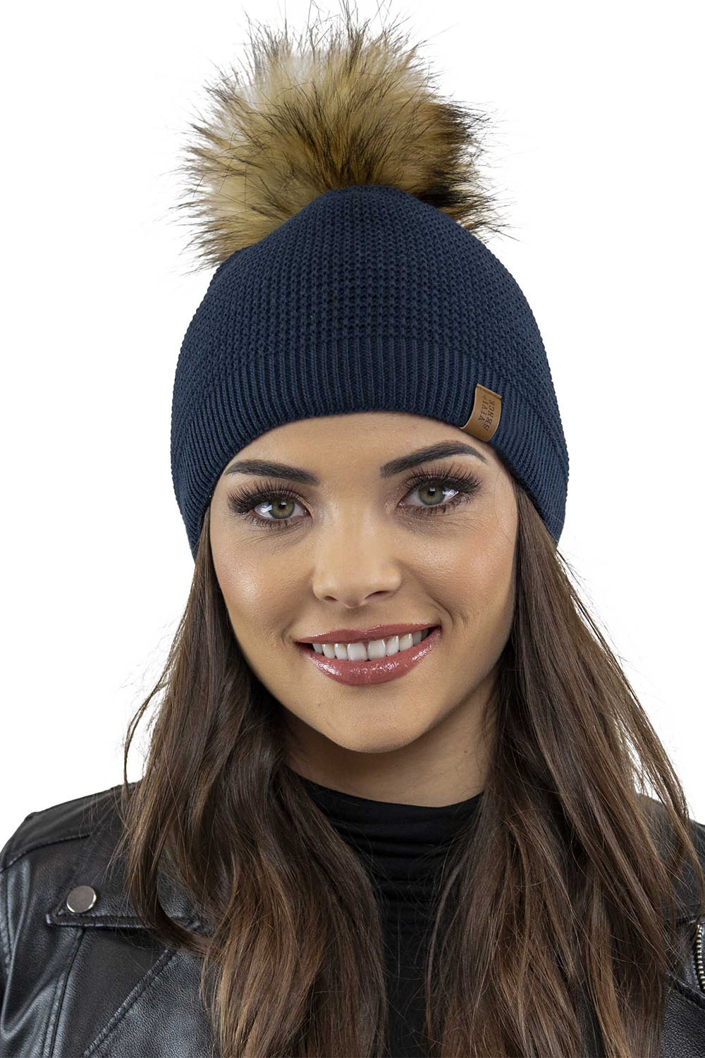Vivisence Women's Pom Pom Winter Hat Warm Yarn Antistatic 7041, dark blue