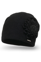 Vivisence Bonnet Femme En Laine Avec Fleur Plissée Élégante Et Antistatique 7052, noir
