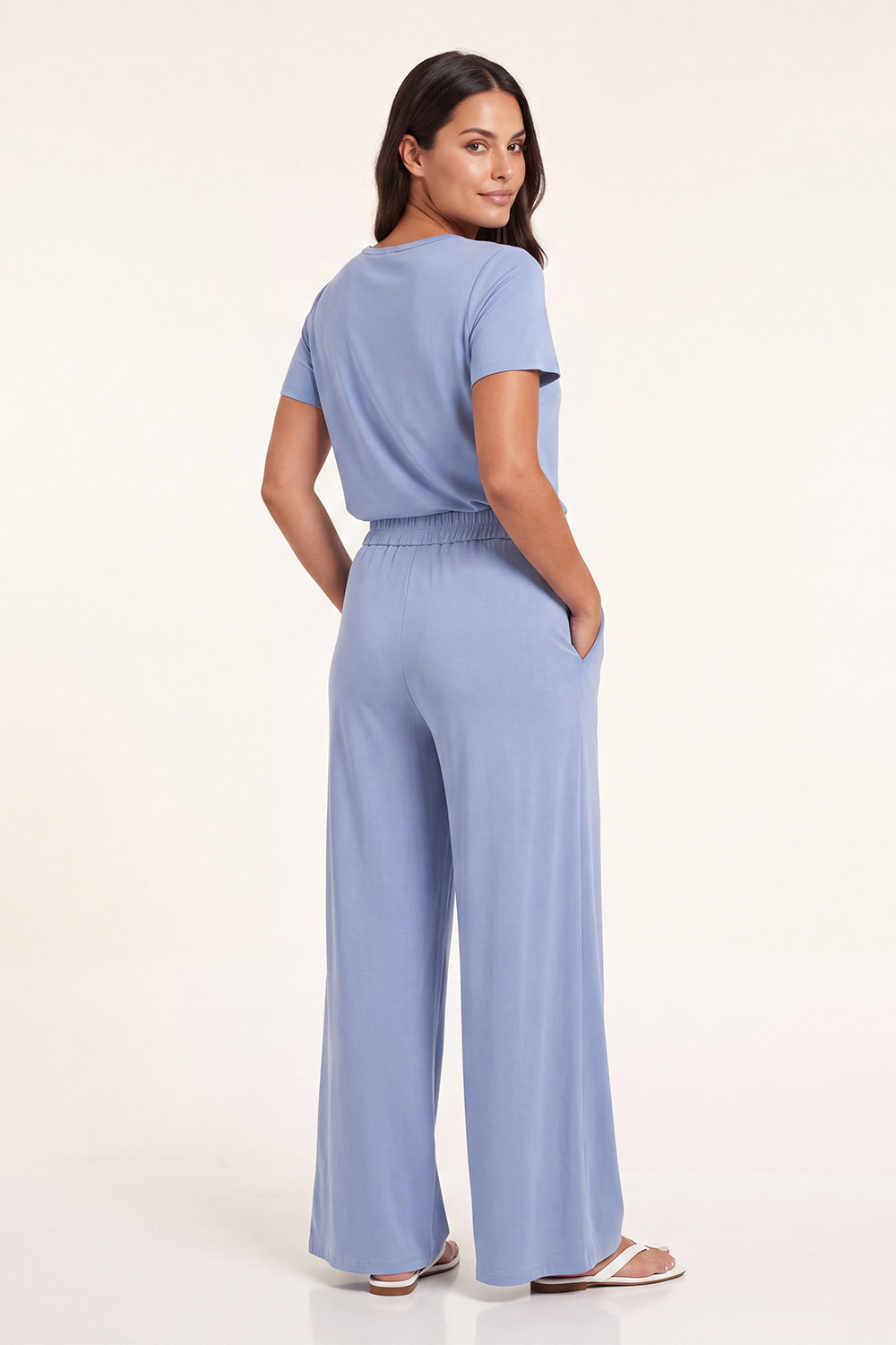 Vivisence Damen Lounge Set Viskose Weites Bein Und Rundhals, Blau
