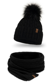 Vivisence Femme Bonnet Et Écharpe Pour l'Automne et l'Hiver À Pompon Chauds Doublés De Polaire Anti-Statique Idéal Pour Les Hommes Élégants Parfait Pour Froides Journées 7015Kmpl, noir