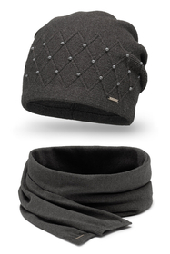 Vivisence Bonnet Et Écharpe Pour L'Hiver Femme Ensemble À La Mode Ajusté Classique Décoratif Avec Perles Tissage Et Laine Chaud Élégant Plaque Logo Confort Optimal 7002Kmpl, gris foncé