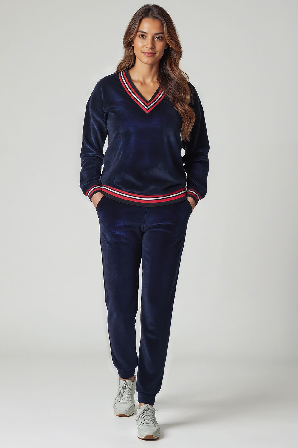 Vivisence Damen Trainingsanzug Set Velour Mit Taschen Für Komfort Beim Freizeitlook 9201, dunkelblau