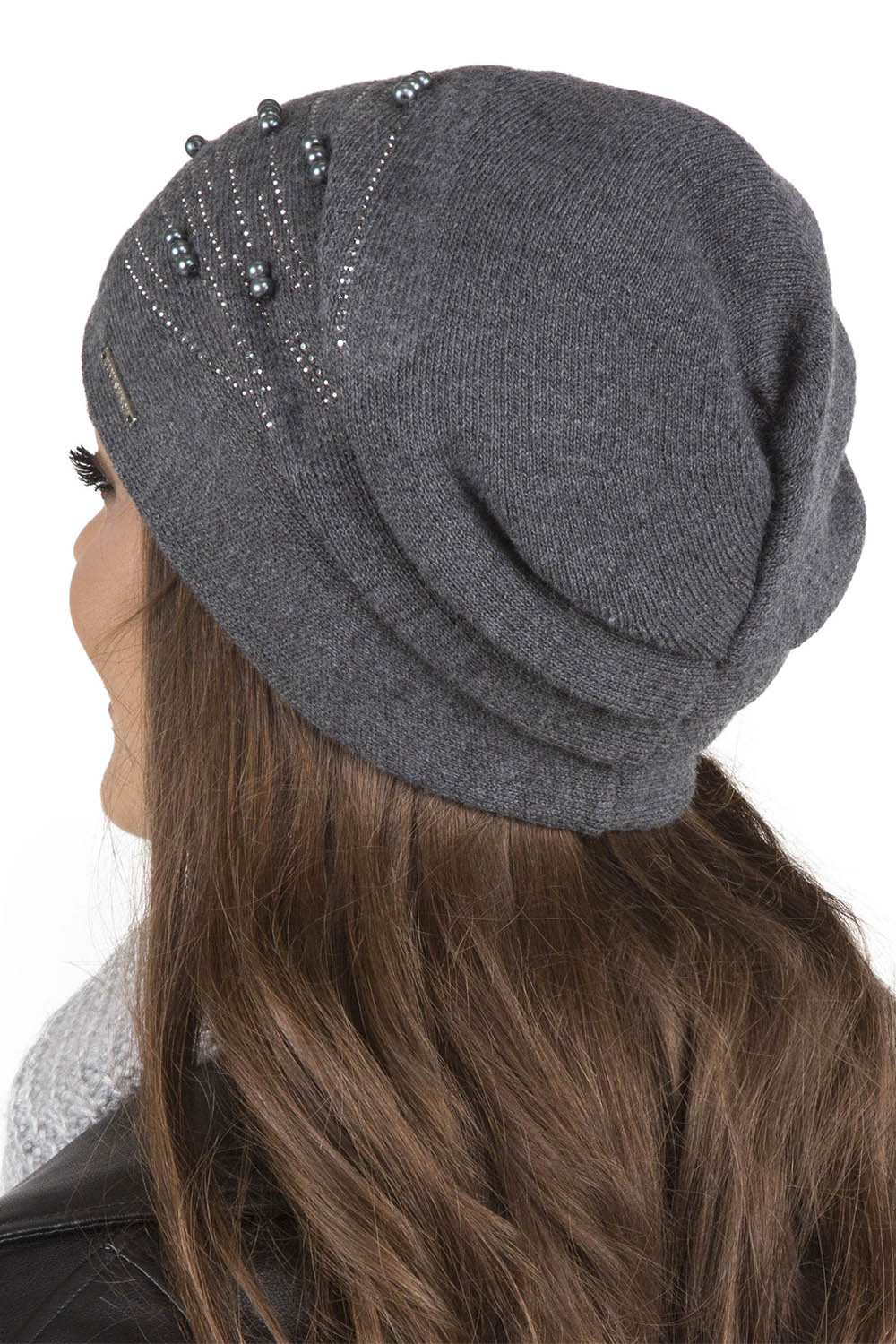 Vivisence Women's Hat Knitted Warm With Fleece Zirconia Pearls Elegant Winter 7012, dark grey